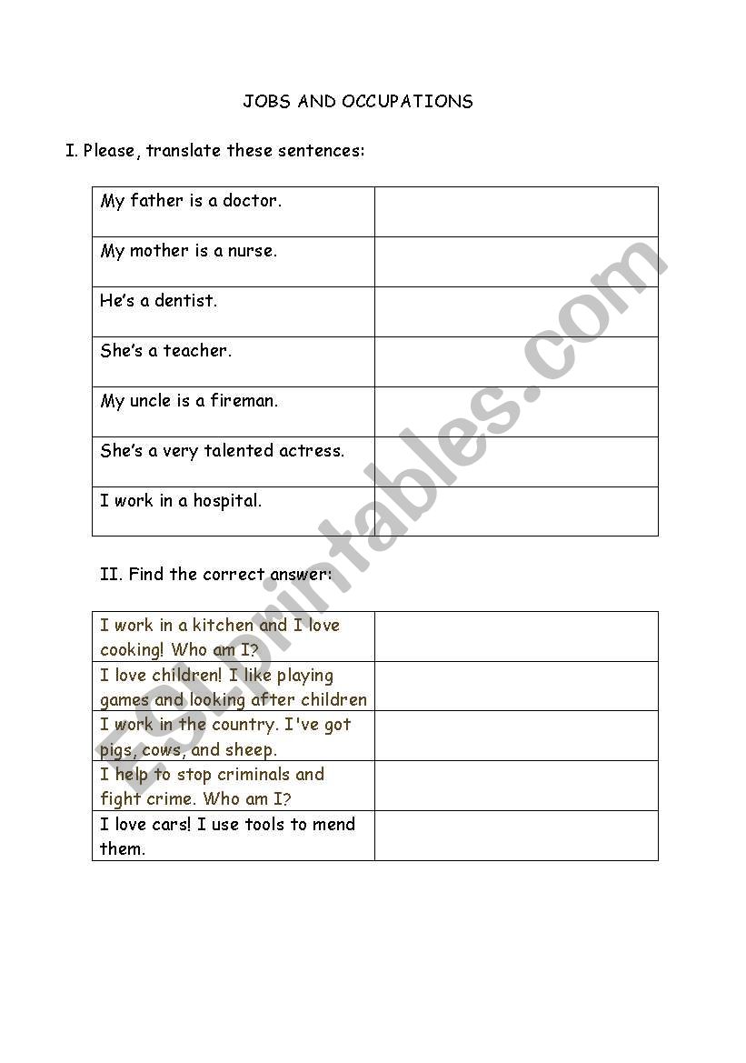 JOBS AND OCCUPATIONS worksheet