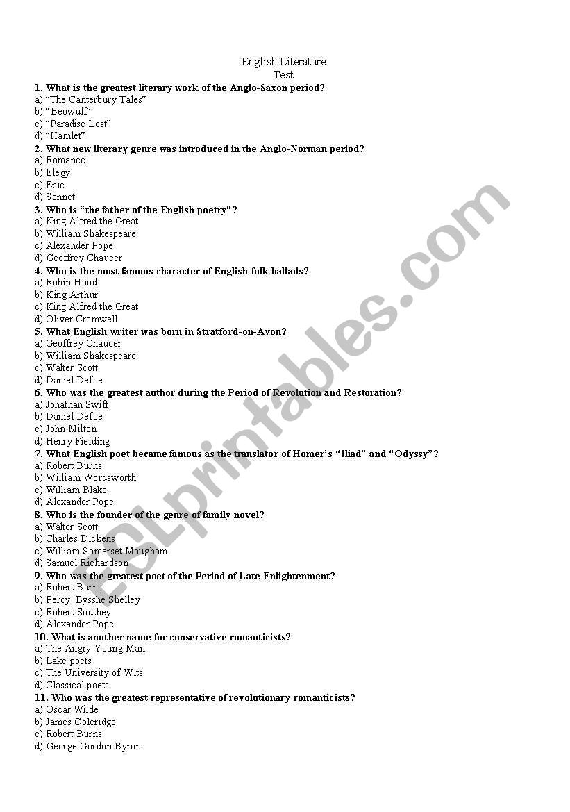English Literature. Test. worksheet