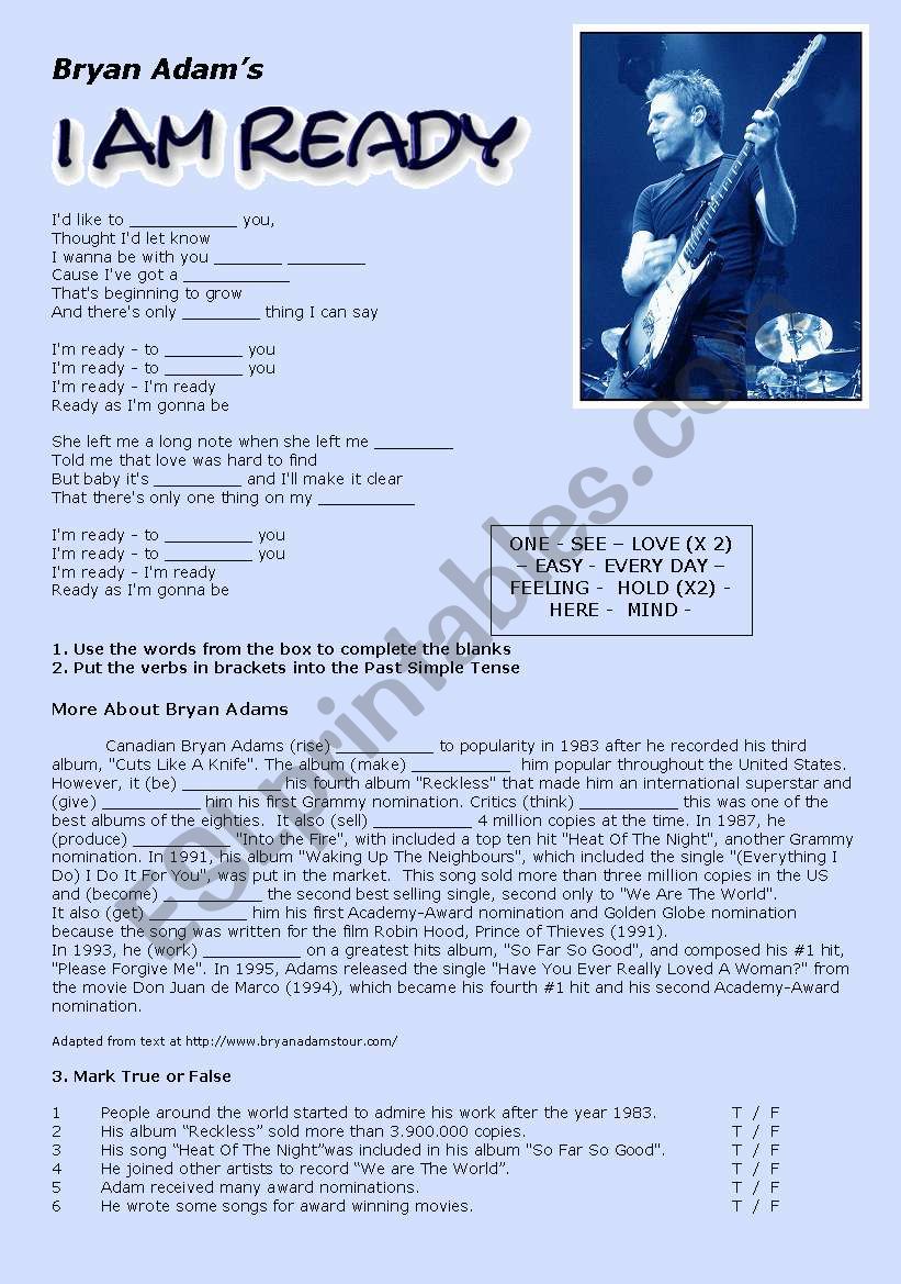 I Am Ready by Bryan Adams worksheet