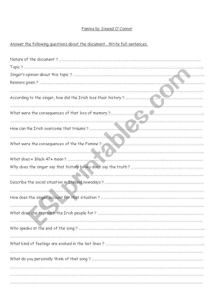 Famine by sinead O connor worksheet