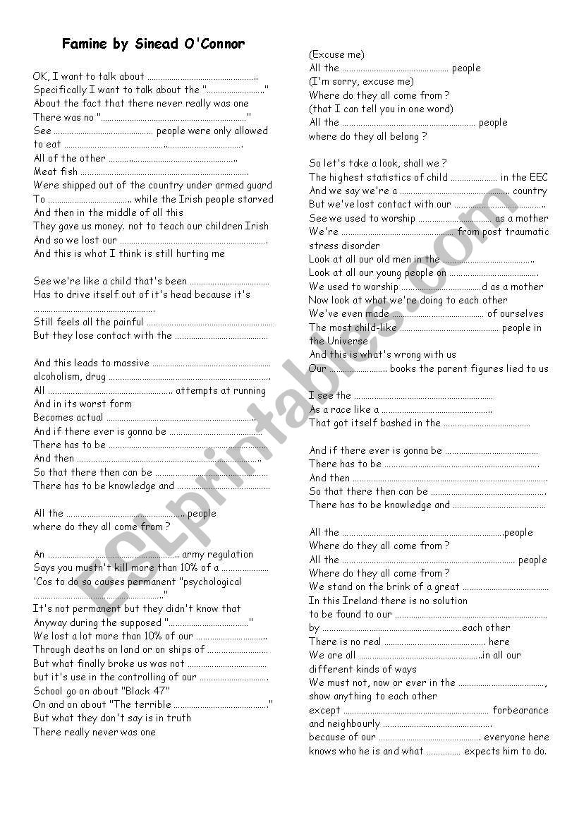 Famine by sinead oÂ´ Connor worksheet