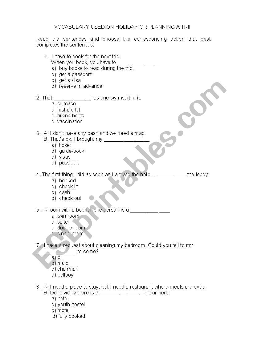 planning a trip, vocabulary. hotel, hostel, motel. multiple choice. 