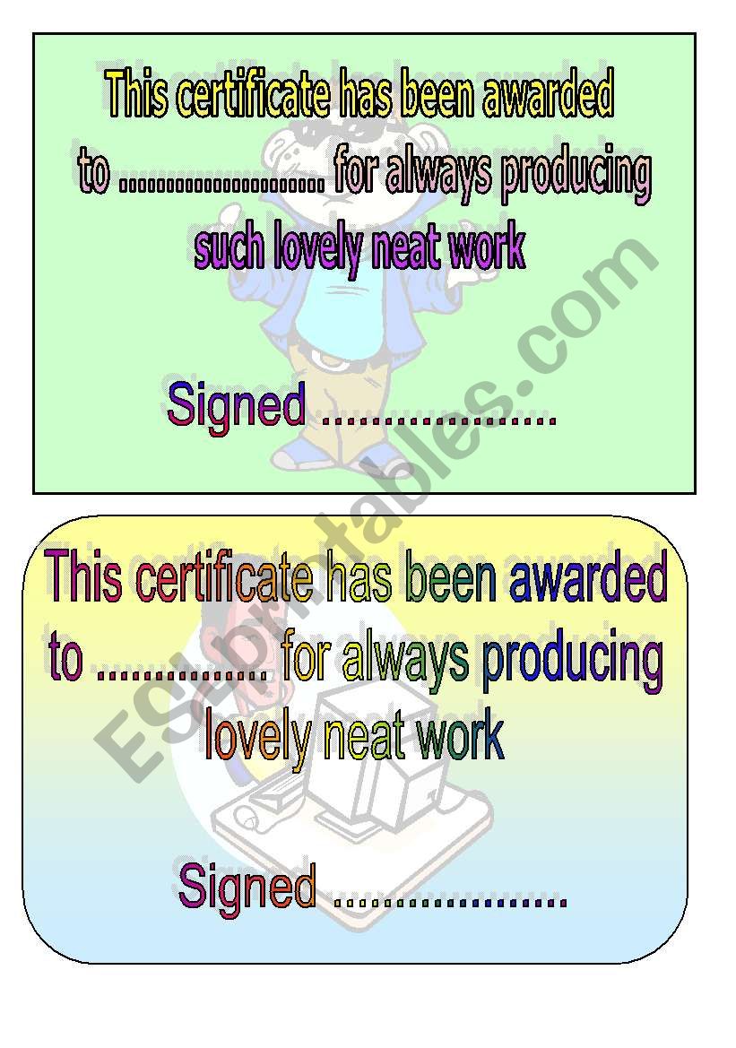 neat work award worksheet