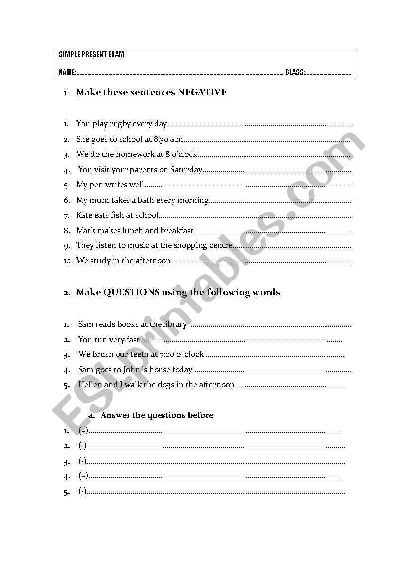 simple present exam worksheet