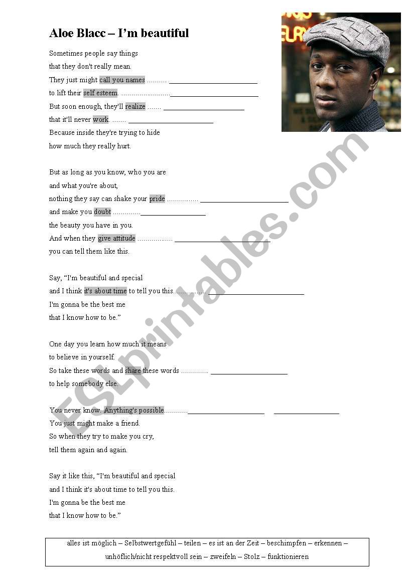 Aloe Blacc - Im beautiful worksheet