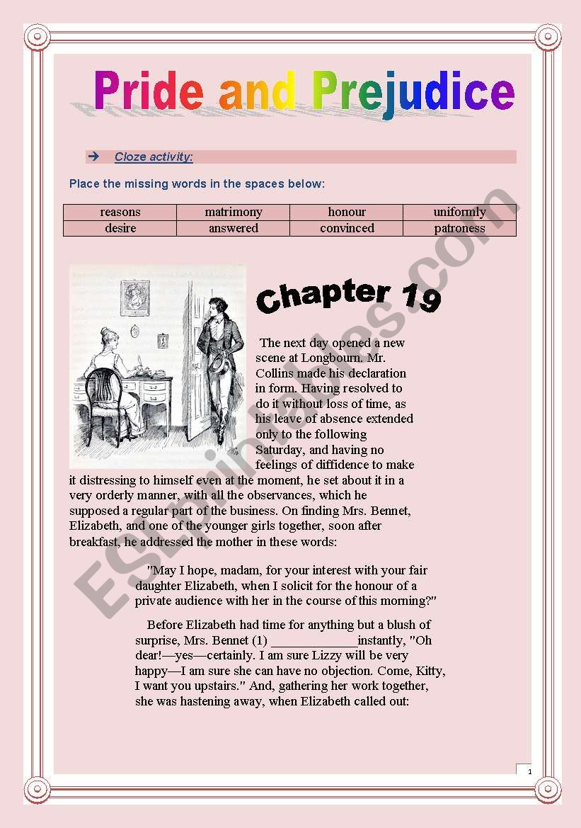 Pride and Prejudice - Mr Collinss proposal - CLOZE activity - 7 pages. Montypython.