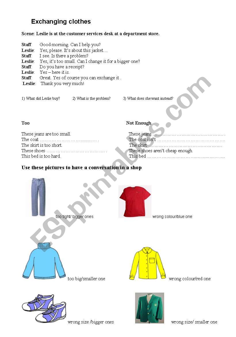 Exchanging clothes worksheet