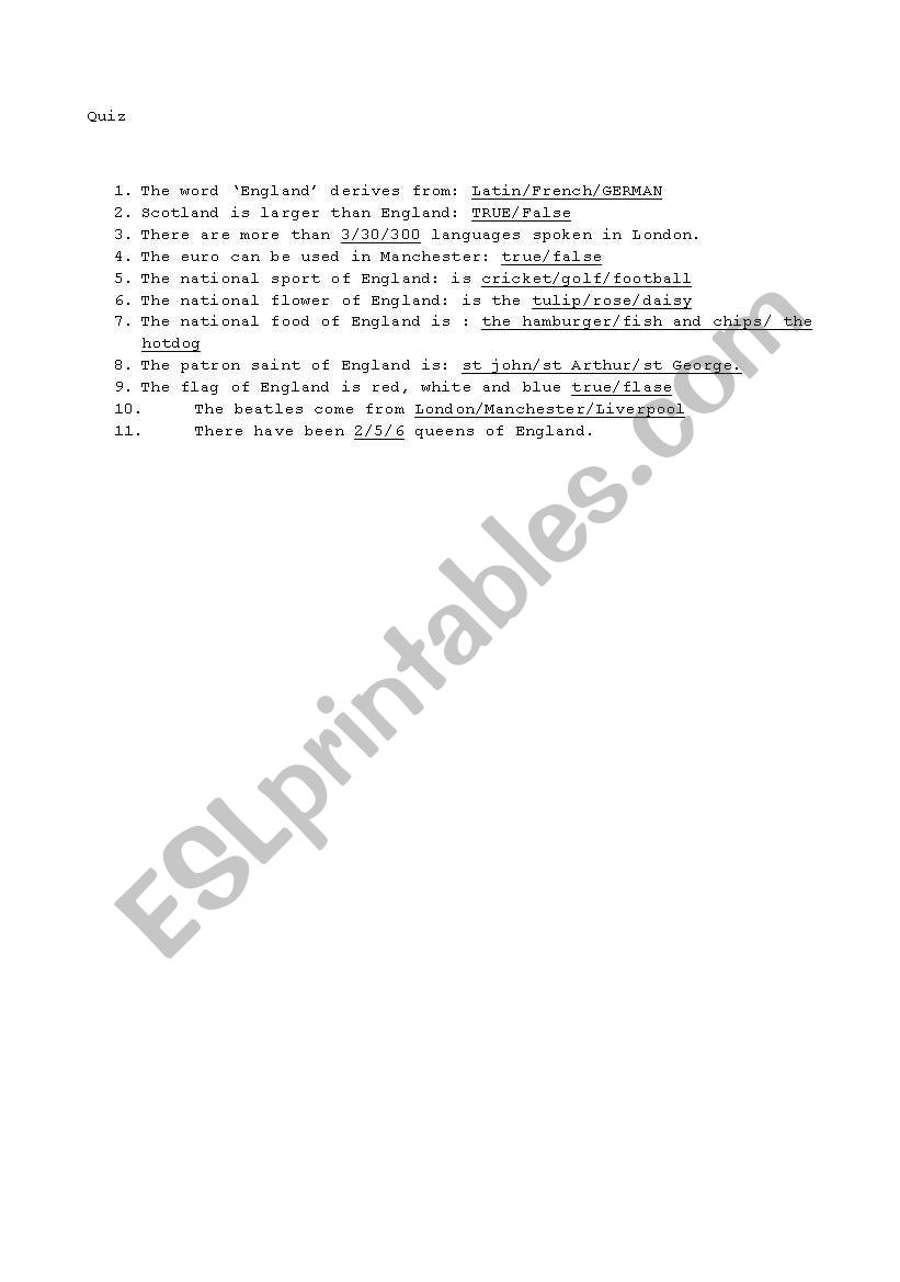 quiz to go with ´ Get to know England quiz to go with ´ Get to know England