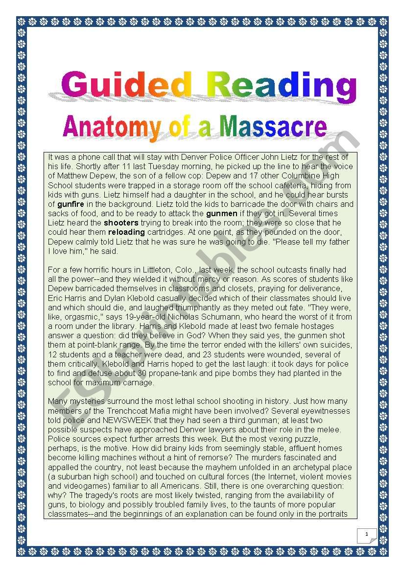 Guided reading - Anatomy of a massacre - Bowling for Columbine - COMPREHENSIVE PROJECT (15 tasks - 10 pages with key)