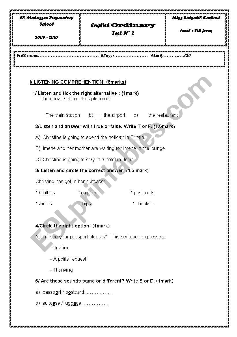 mid-term test n2(7th form) worksheet