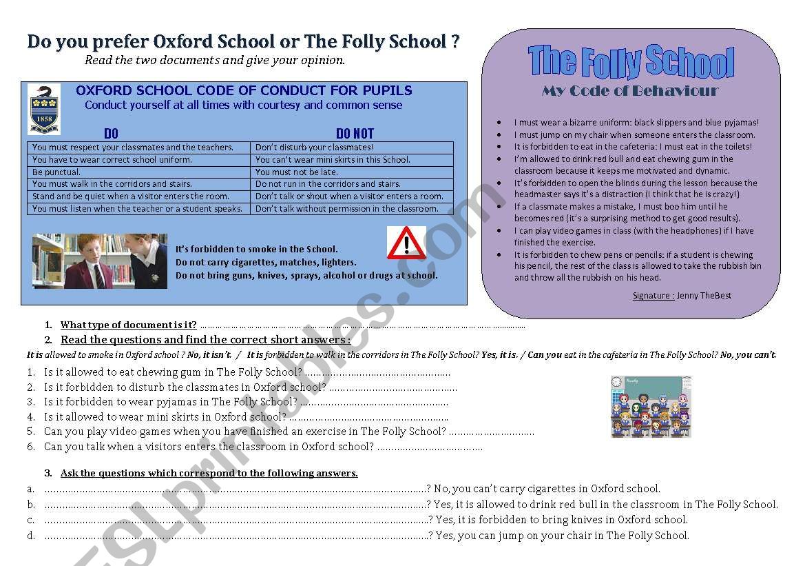 FuNnY SchOOl RuLeS  - debate : which school do you prefer? *KEY ANSWERS INCLUDED + Fully Editable*
