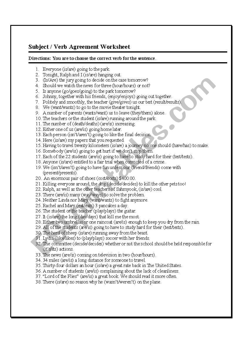 subject verb agreement worksheet