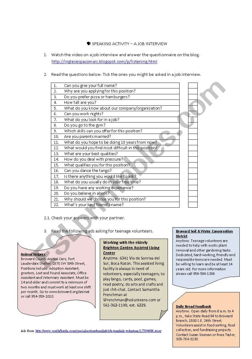 A job interview- speaking worksheet