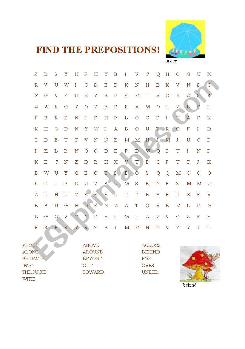 Preposition Wordsearch worksheet