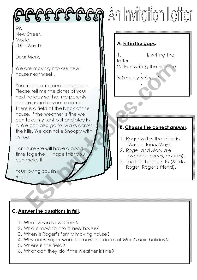 An invitation letter worksheet