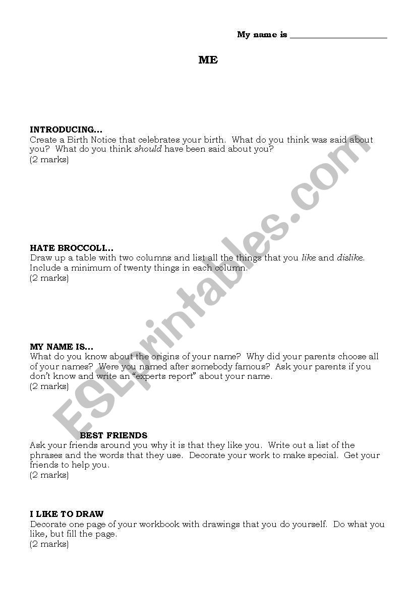 About Me worksheet