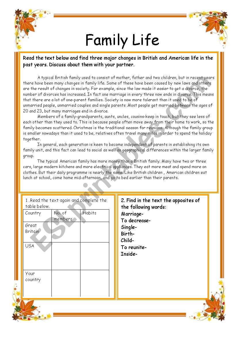 Family Life worksheet