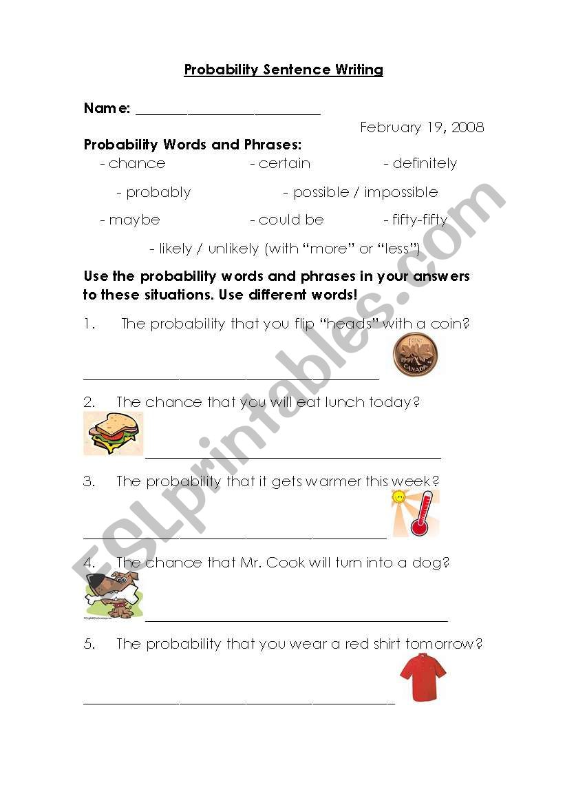 Probability Sentence Writing worksheet