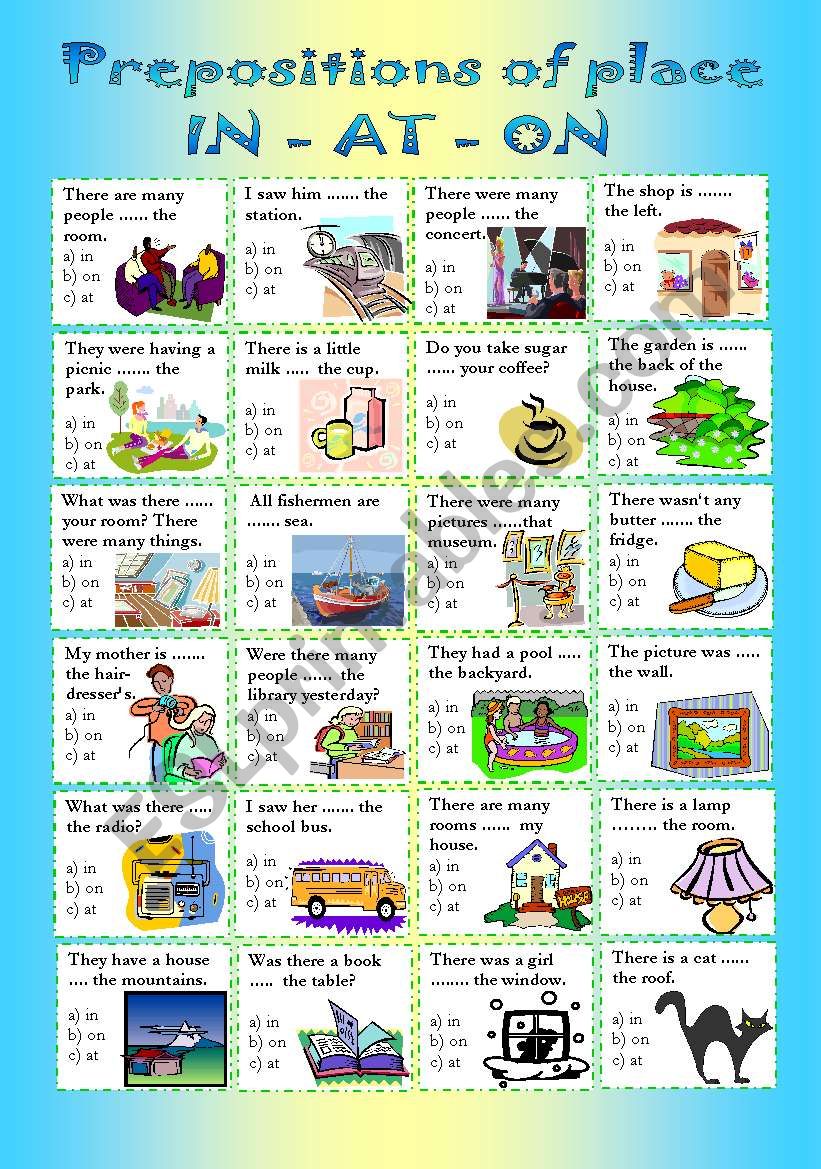 prepositions of place in at on esl worksheet by kawyte
