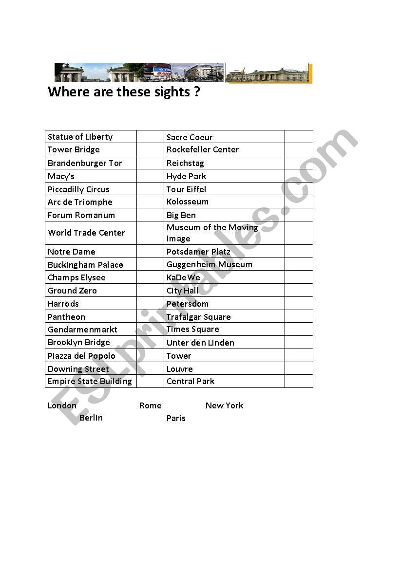 Where are these sights ? worksheet