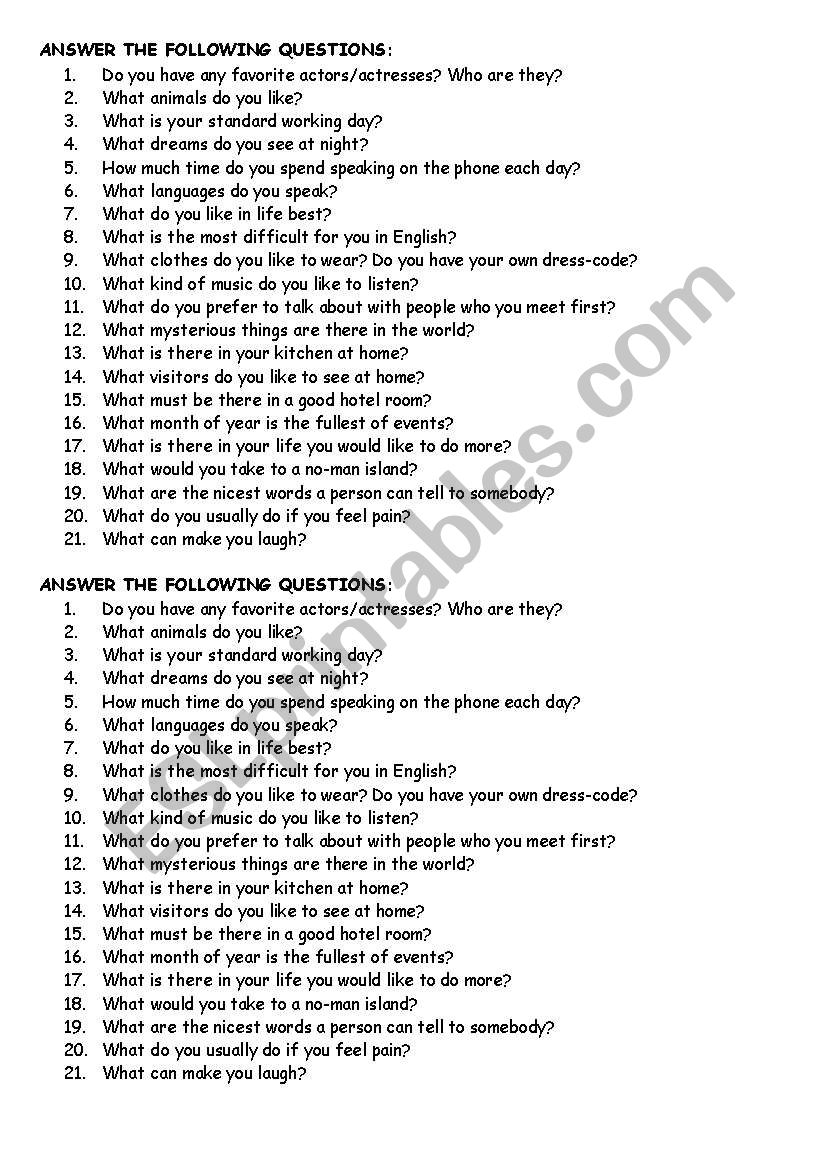 Questions worksheet