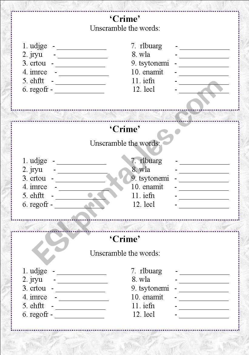 Crime: Unscramble the words worksheet