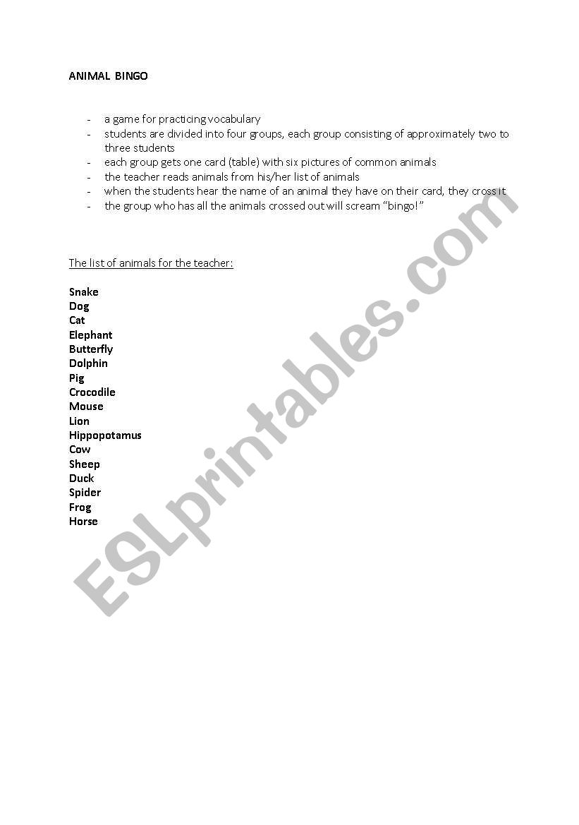 Animal bingo worksheet