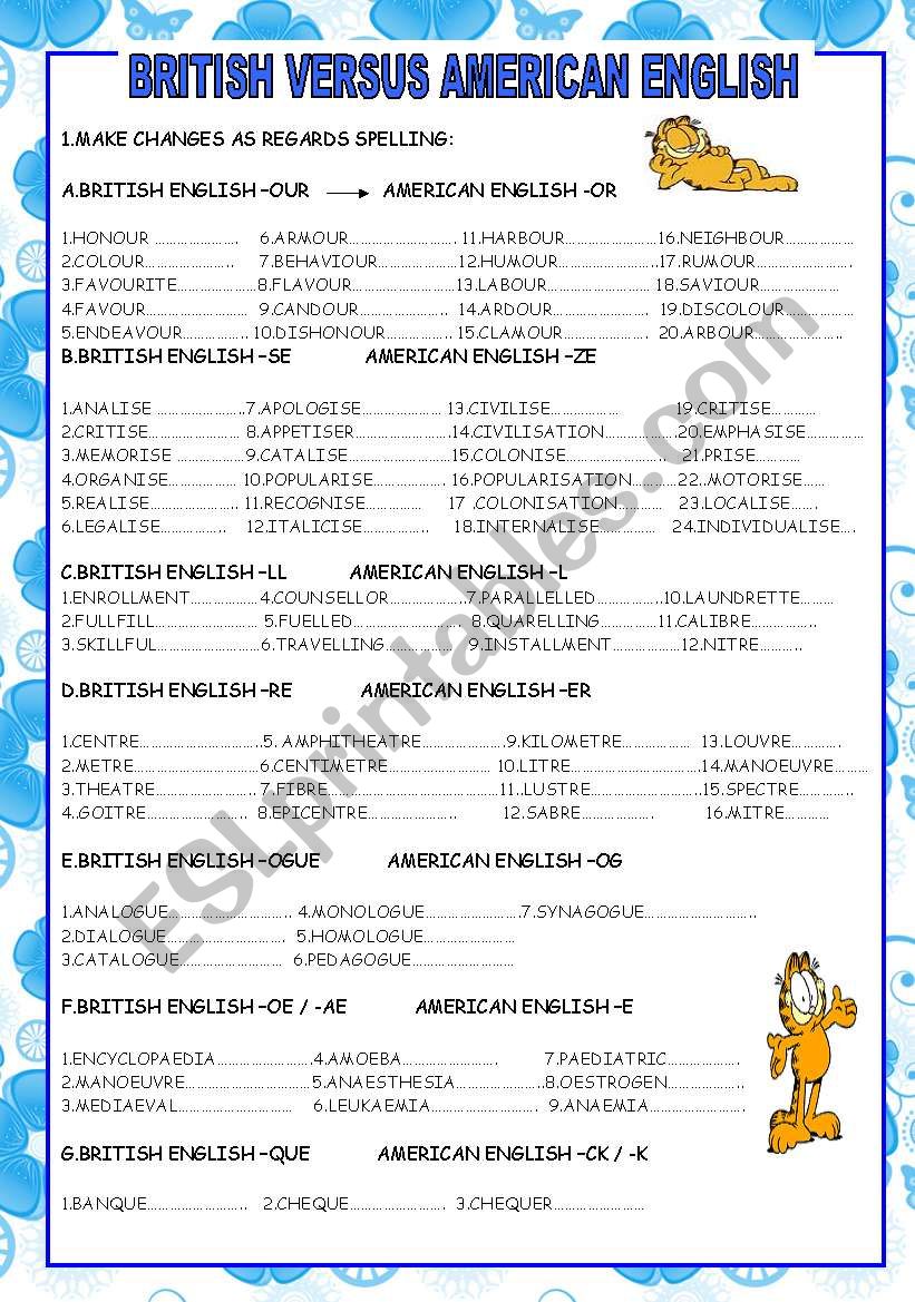 BRITISH VS AMERICAN ENGLISH :SPELLING DIFFERENCES (3 PAGES)