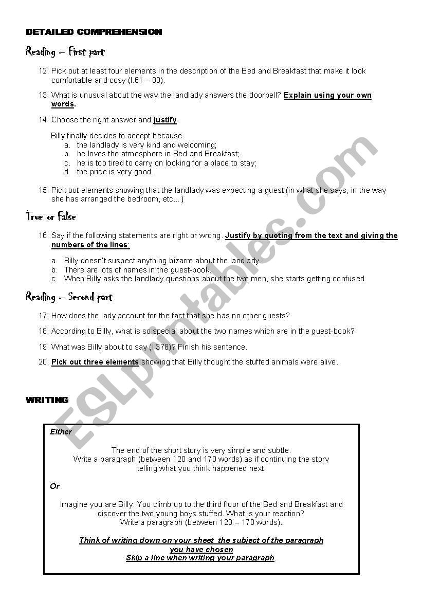 Reading The Landlady By Roald Dahl With Answer Keys Esl Worksheet By Bucky2406