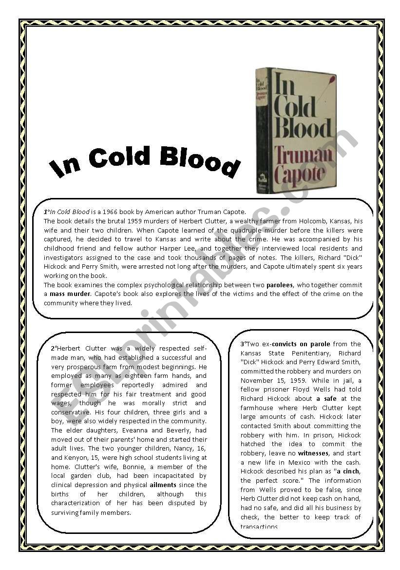 In Cold Blood: Reading Comprehension about Capotes book and the story which inspired it