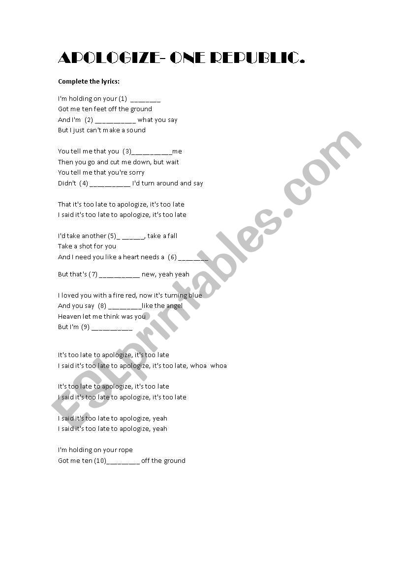 Apologize One Republic worksheet