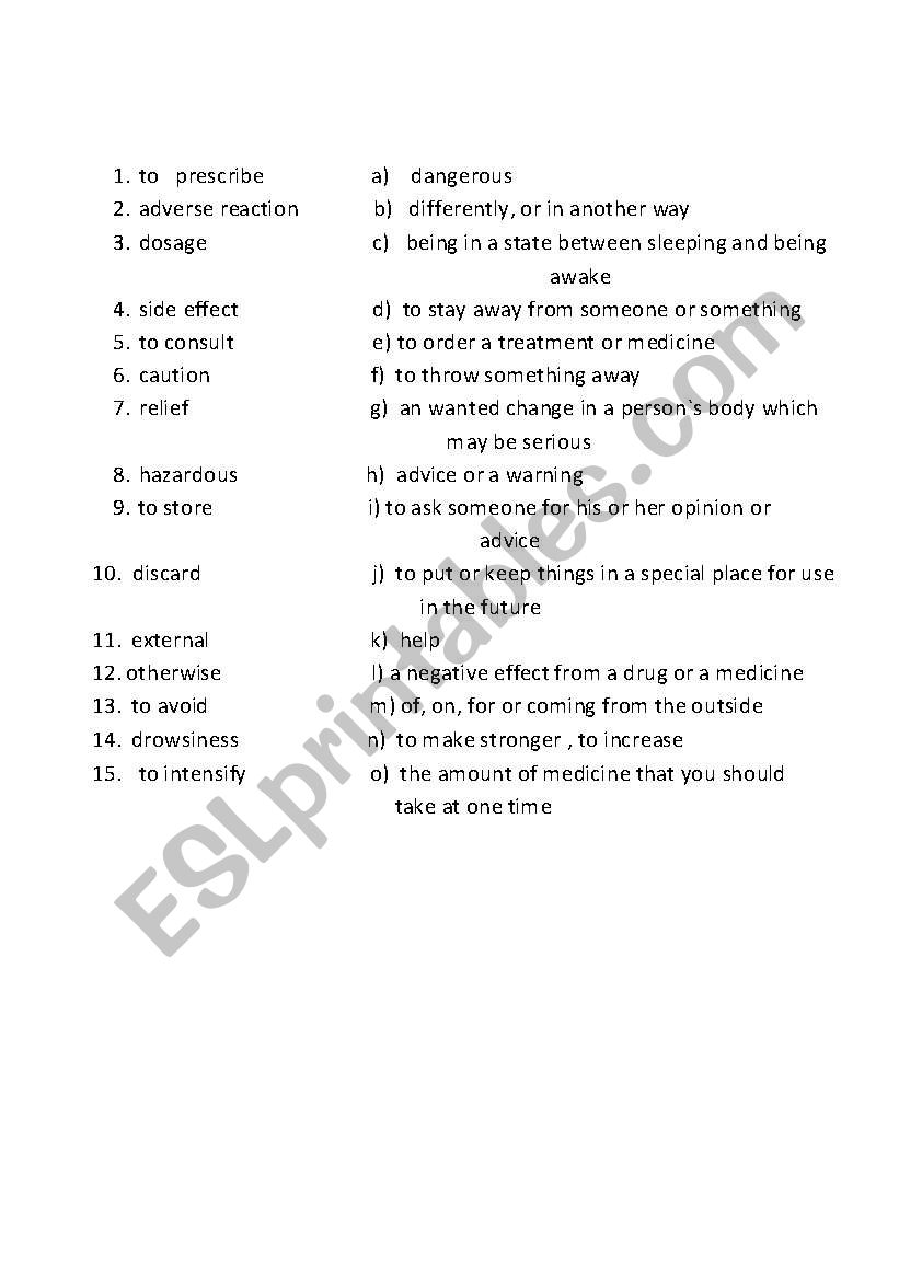 matching words with definition- medical labels