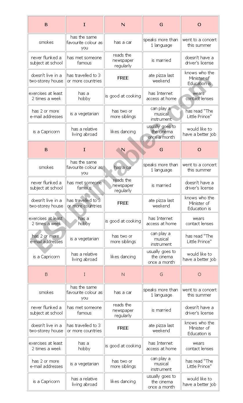 Ice Breaker Bingo worksheet