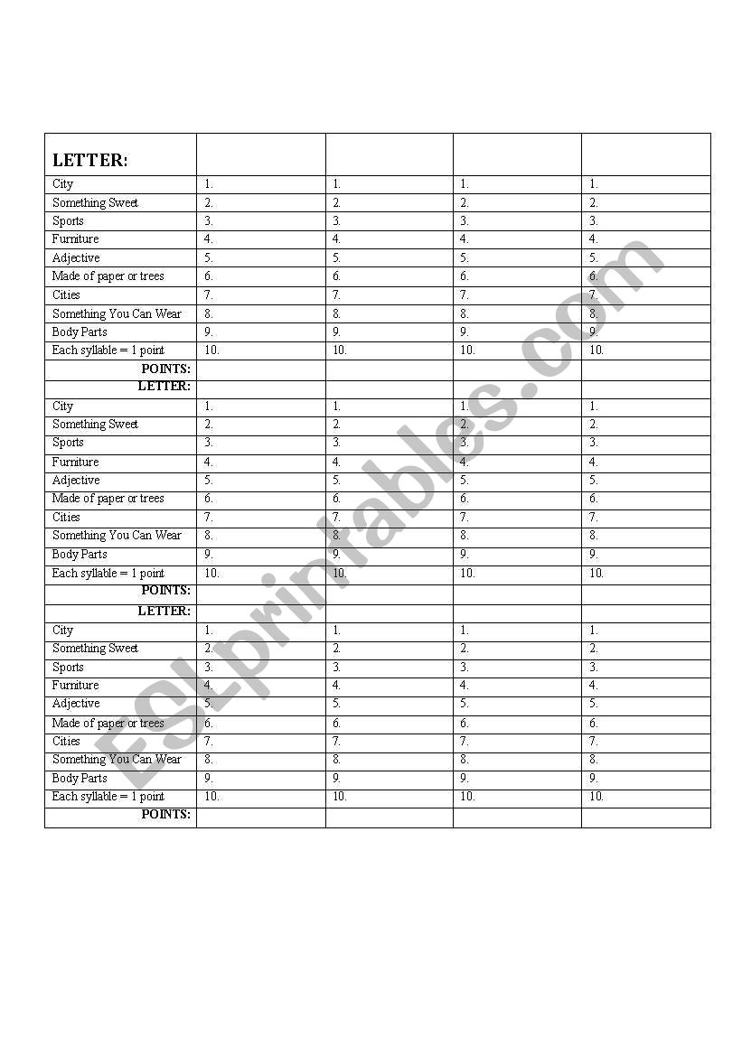 Scattegories worksheet