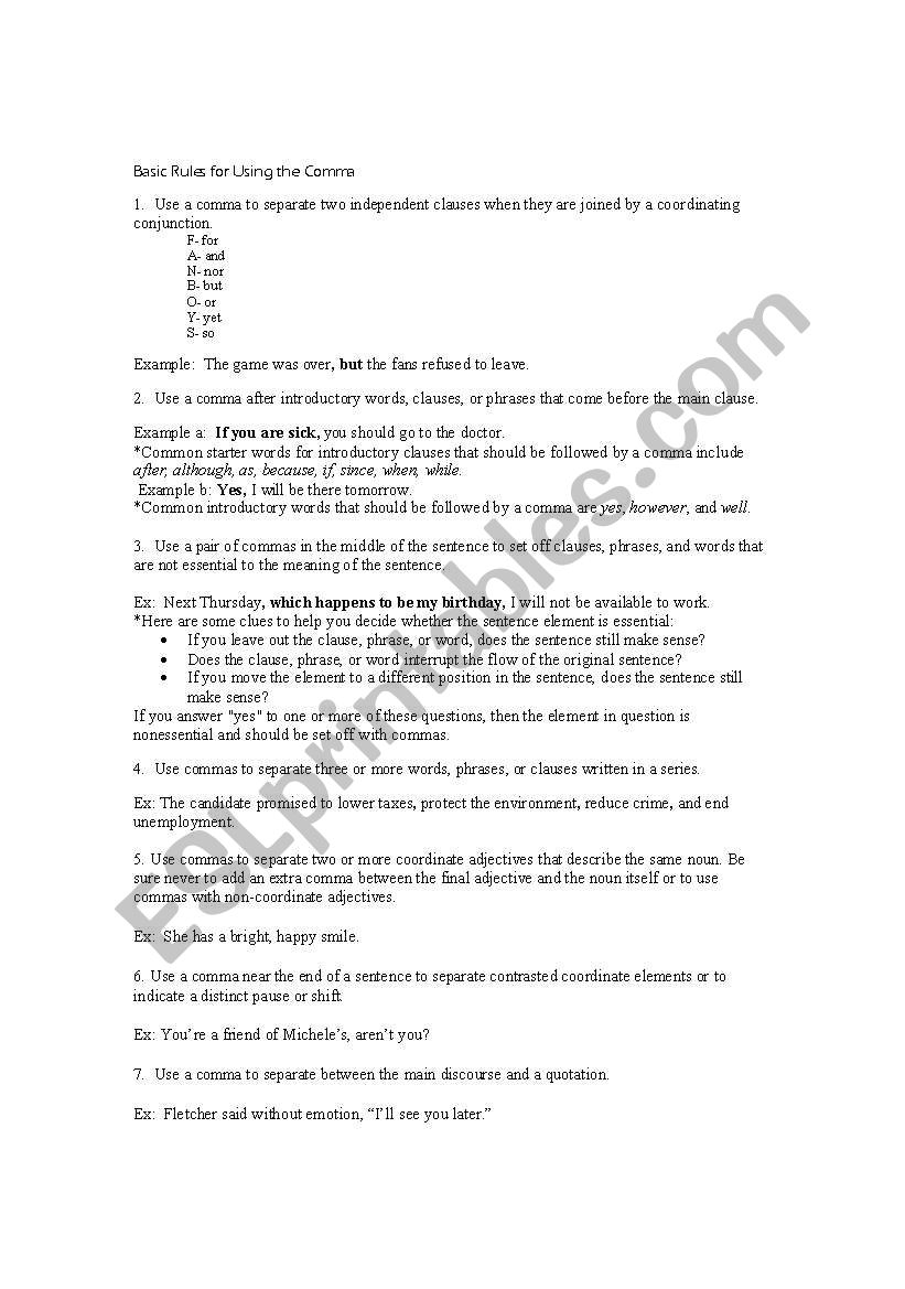 Comma Workshop worksheet