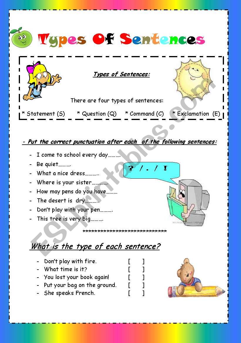 Types Of Sentences Statement Question Command Exclamation Worksheets