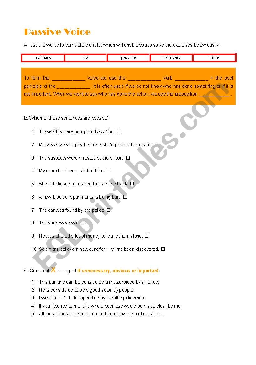 Passive Voice Test or worksheet