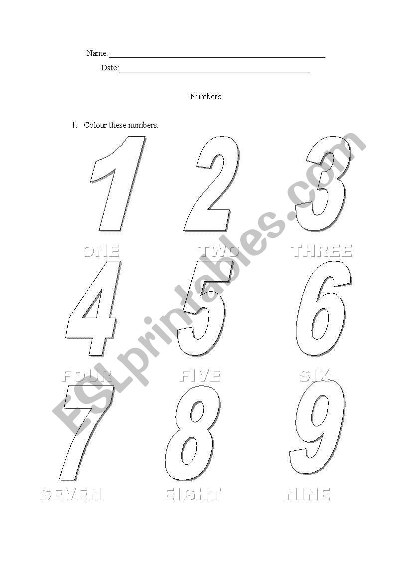 Numbers 1-9 worksheet