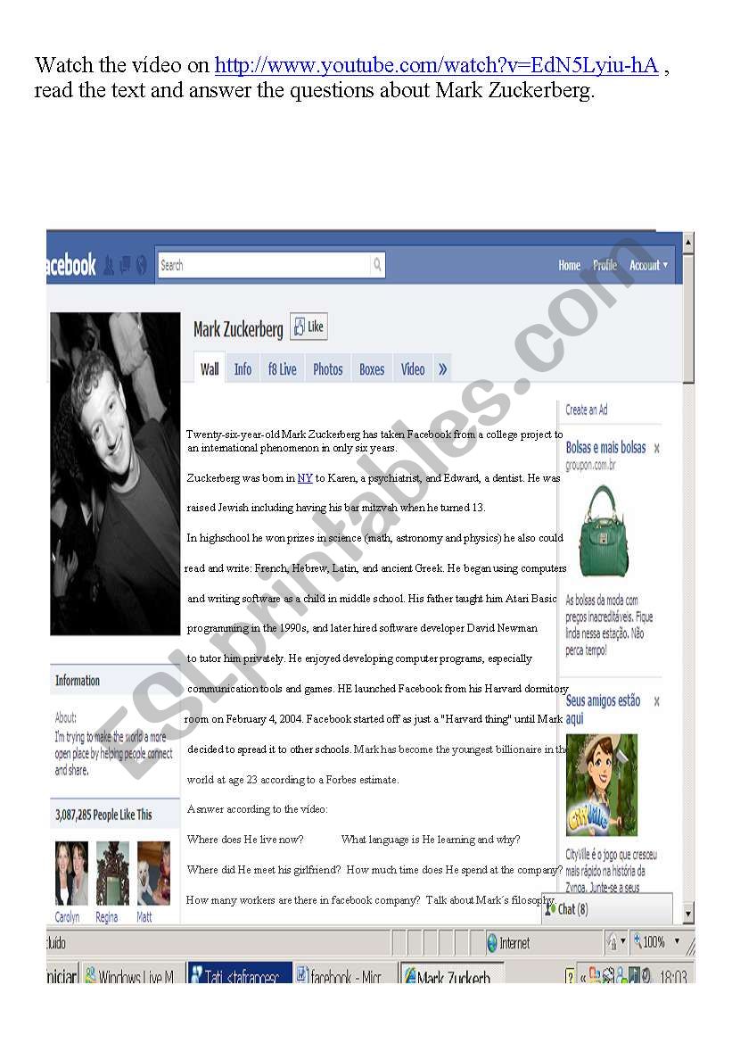 Mark zuckerberg facebook worksheet