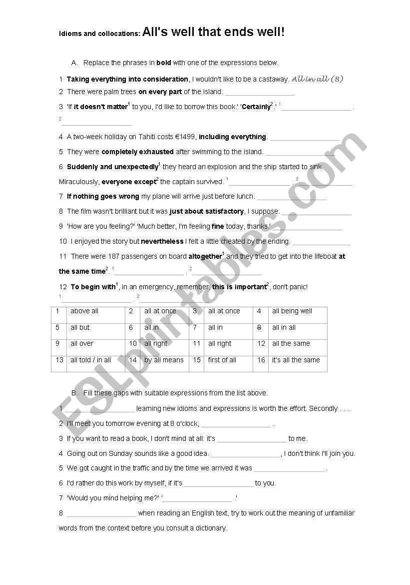 Idioms and collocationscontaining the word All - with KEY