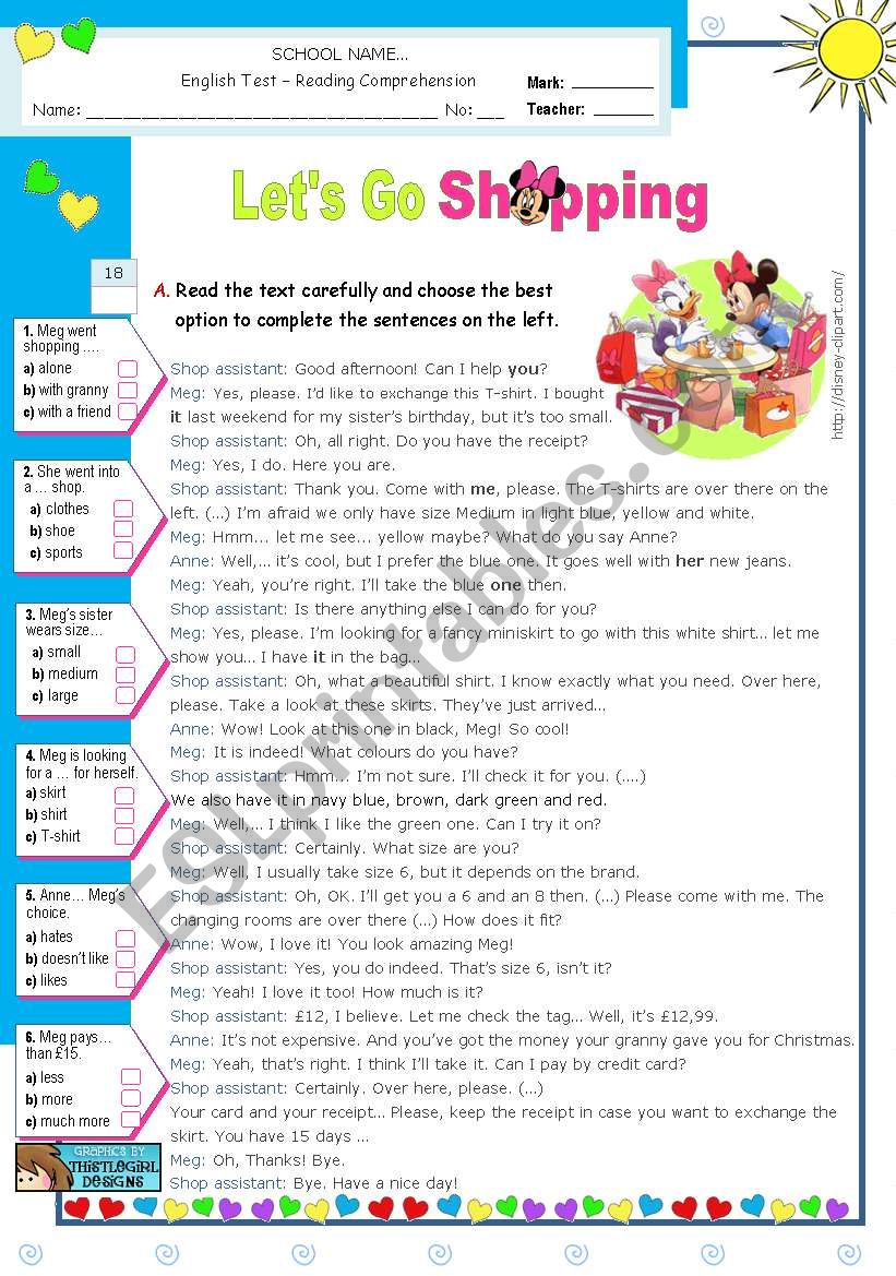 Shopping for Clothes  -  Reading Comprehension Test
