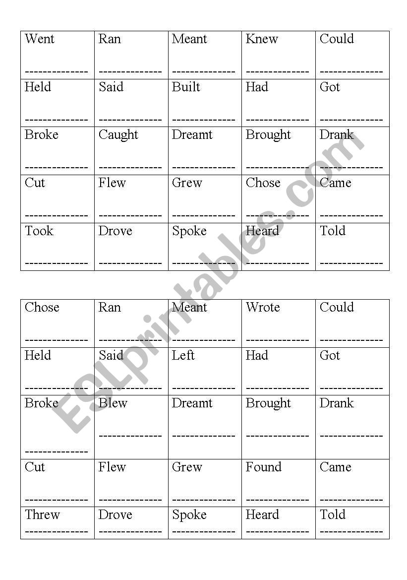 Irregular verbs bingo worksheet