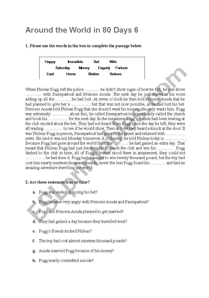 Around the world in 80 days worksheet