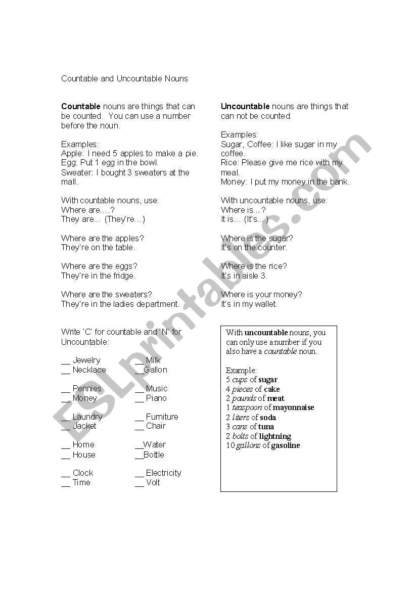 Countable and Uncountable Nouns