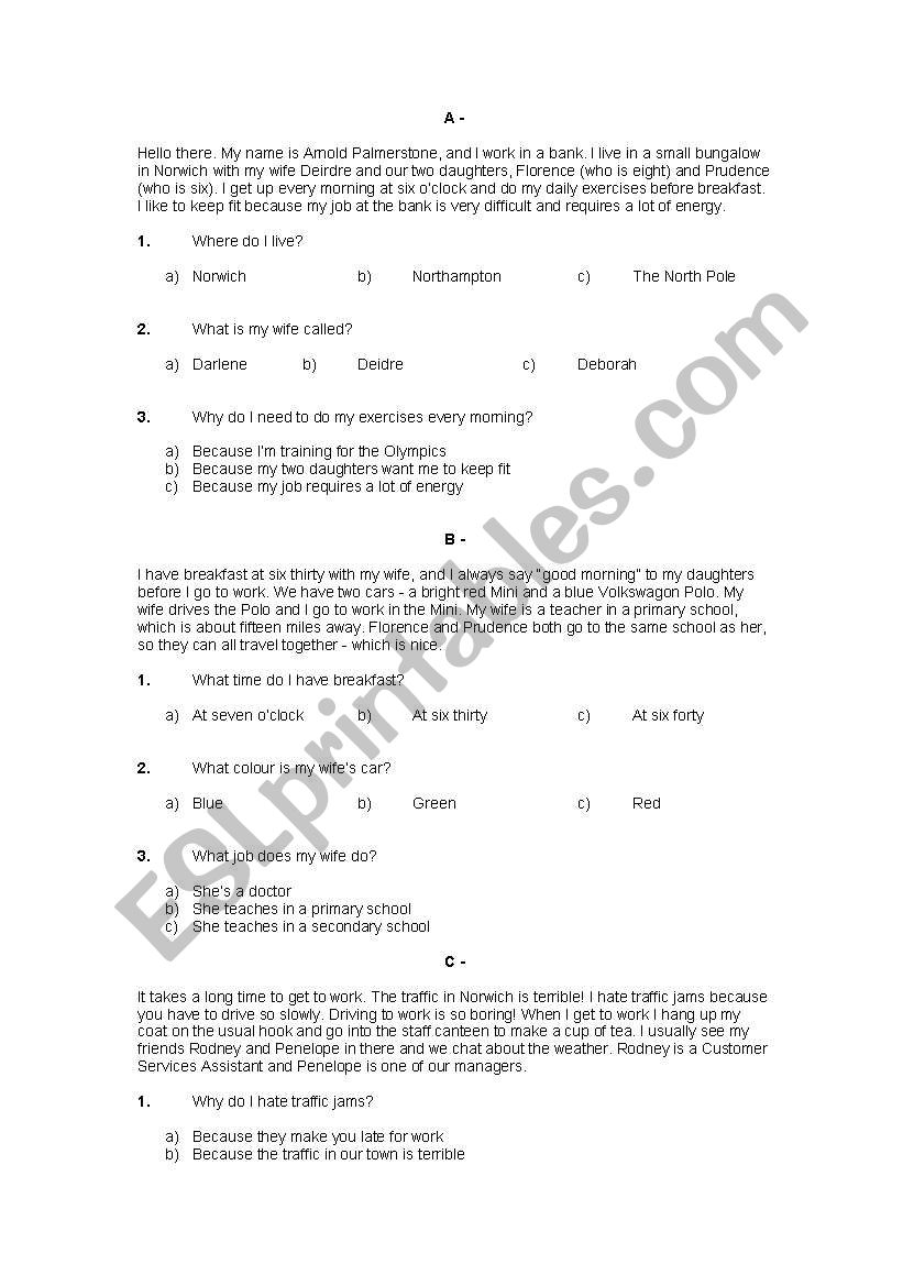 reading comprehension worksheet