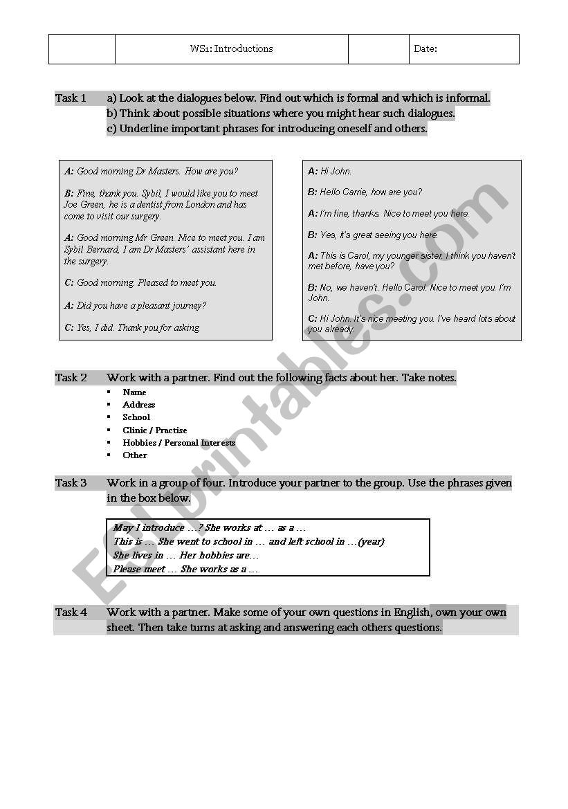 Introductions worksheet