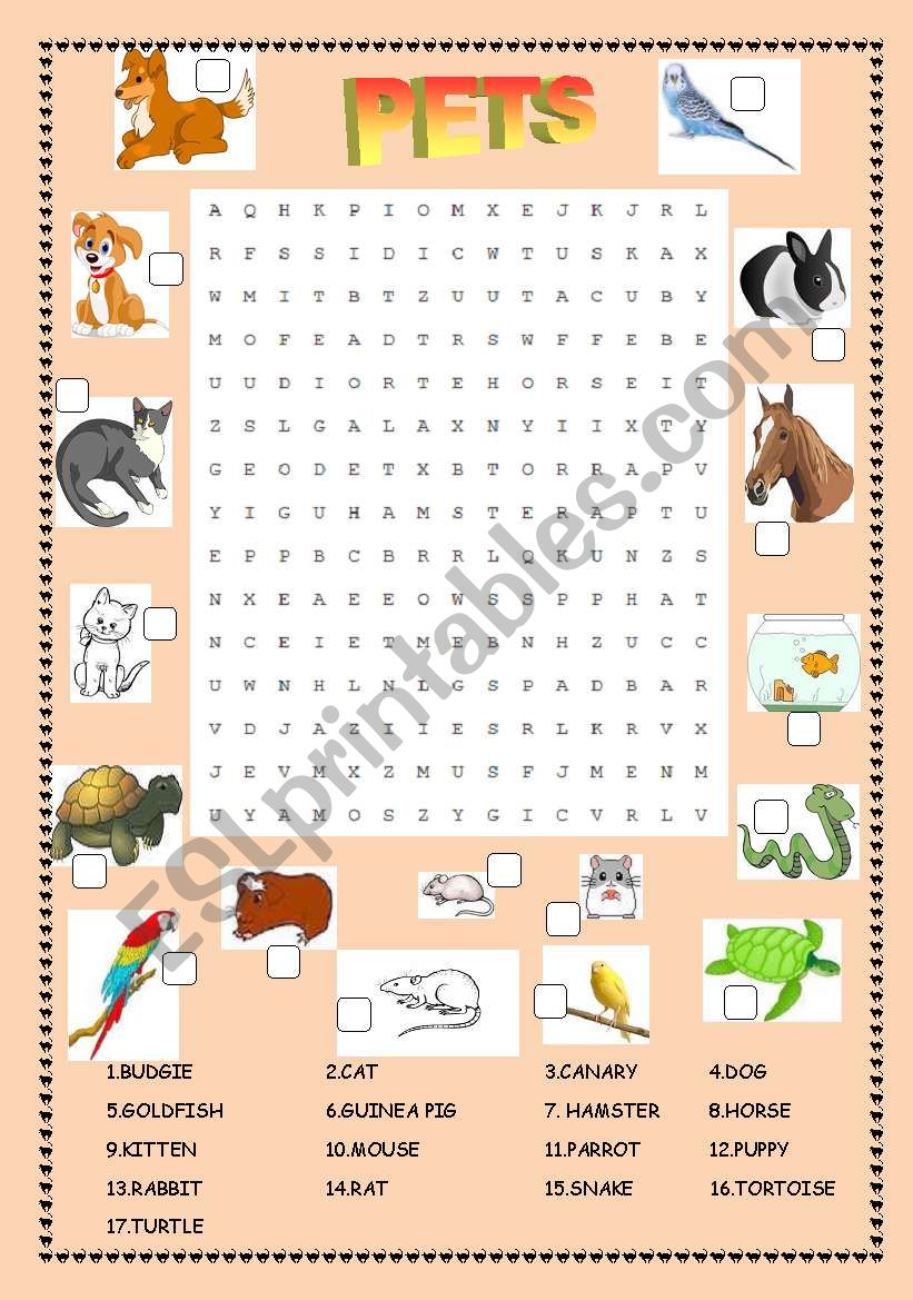 Wordsearch : pets worksheet