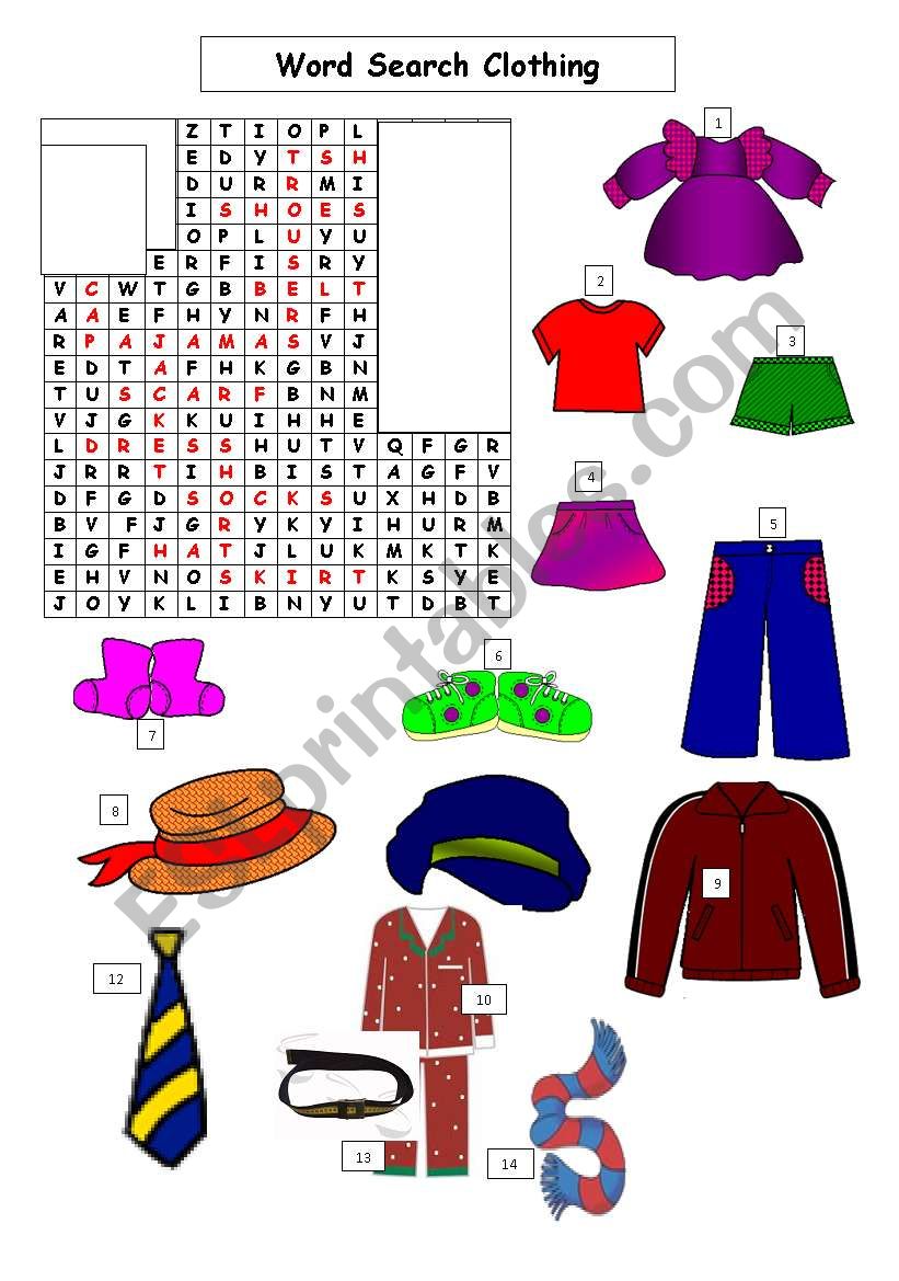 Word Seach Clothing worksheet