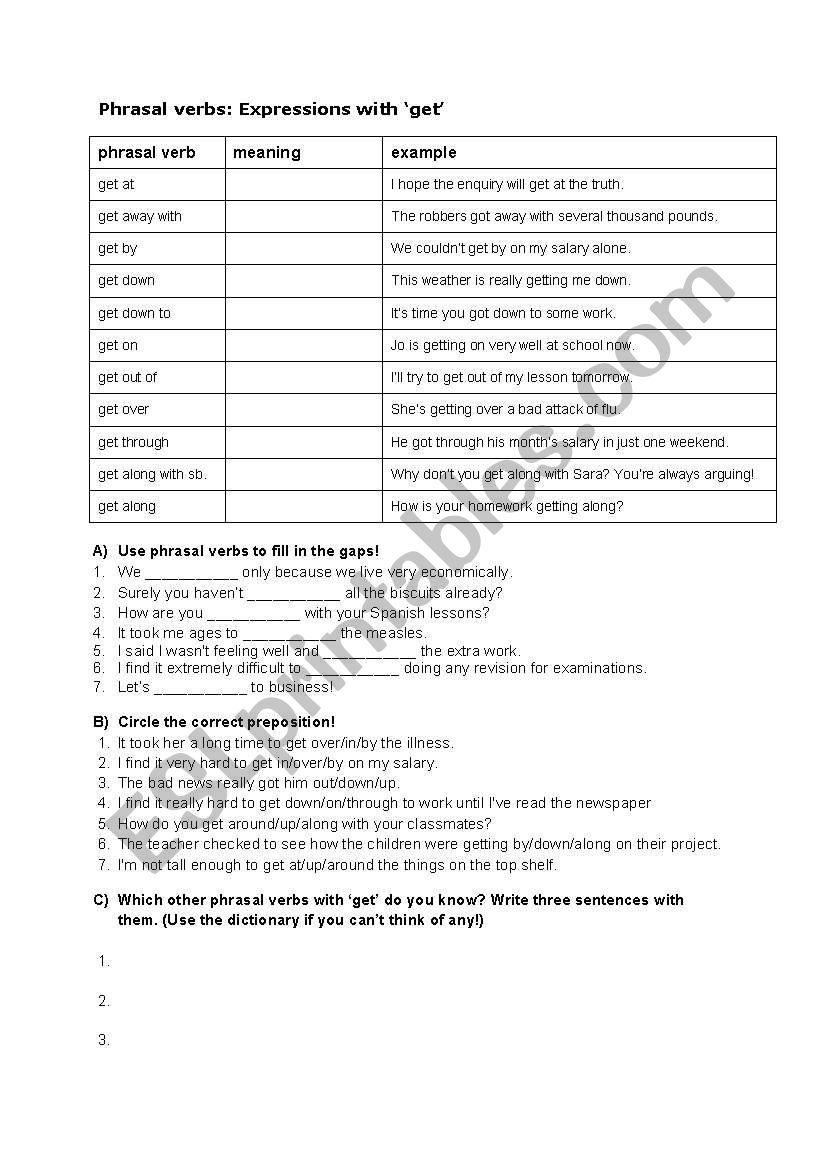 Phrasal verbs with get worksheet