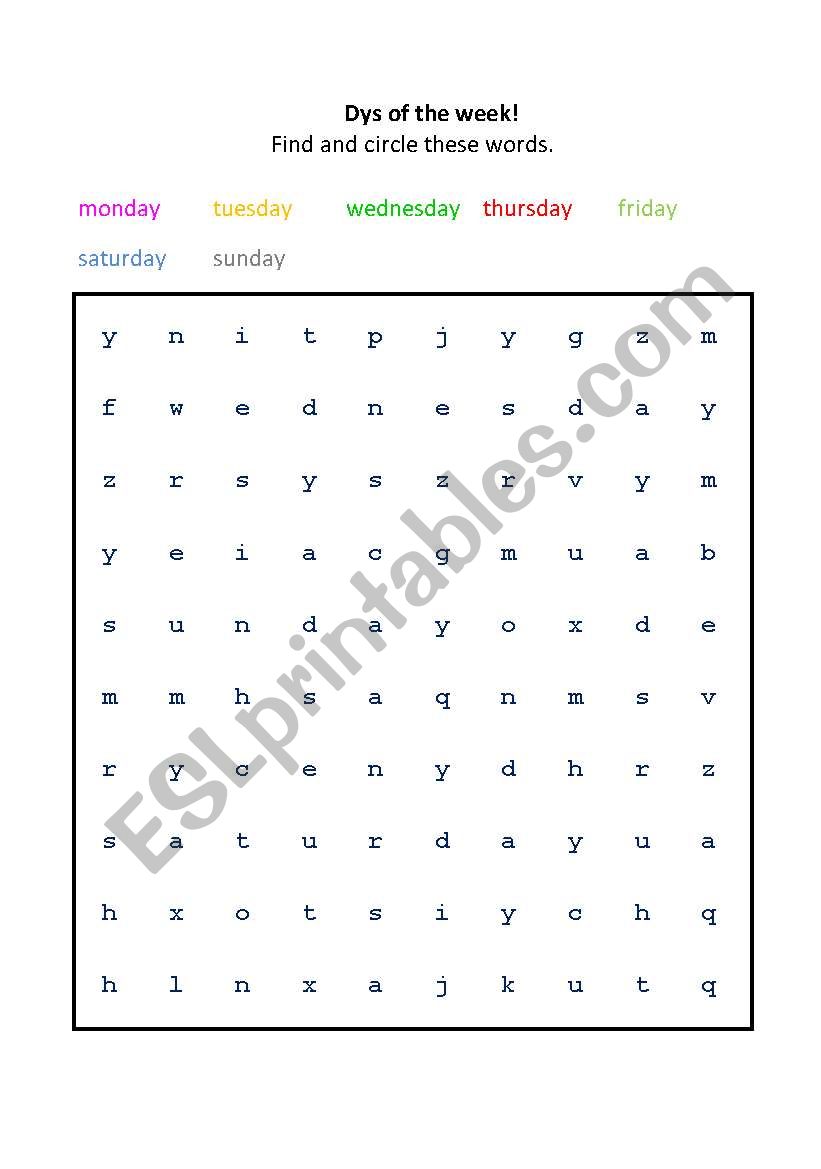 The days of the week -wordsearch